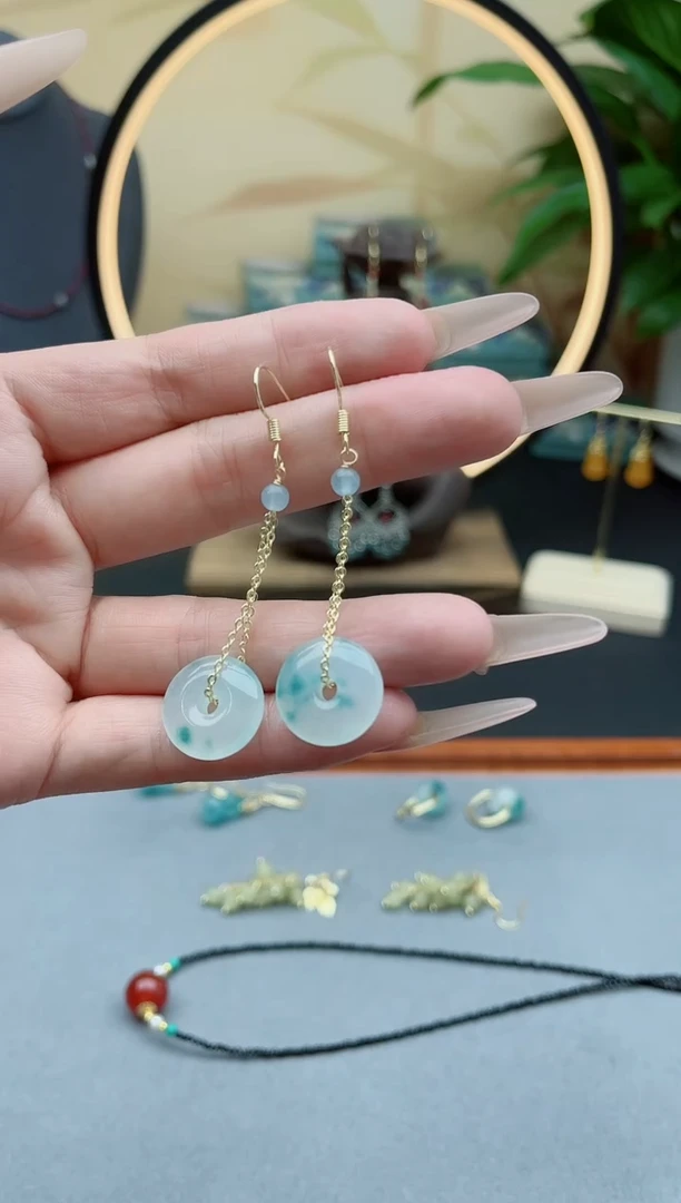 石英质玉（天山翠）银S925镶嵌耳饰629平安扣蓝水