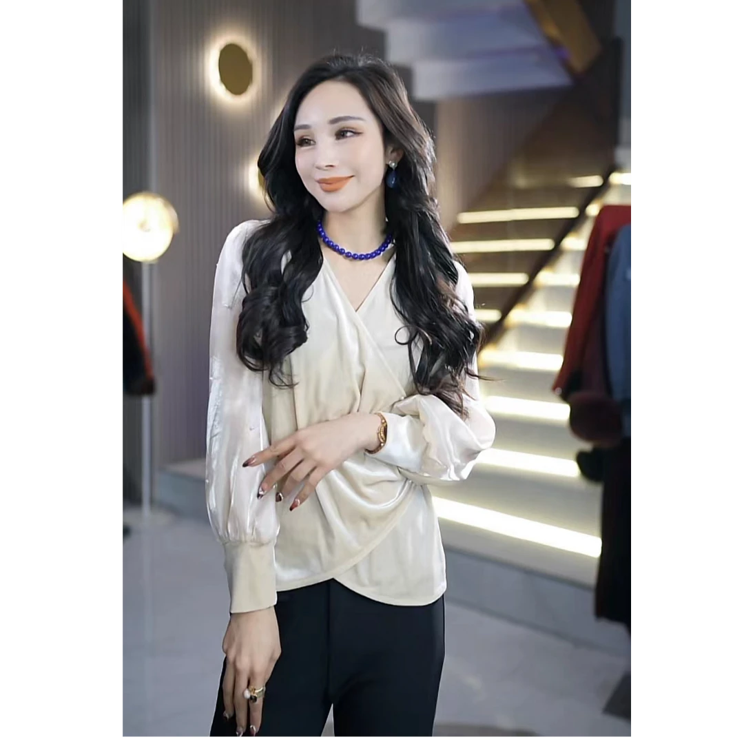 芳子定制气质遮肚子修身拼接珠珠长袖丝绒衬衫上衣ML7连衣裙女装