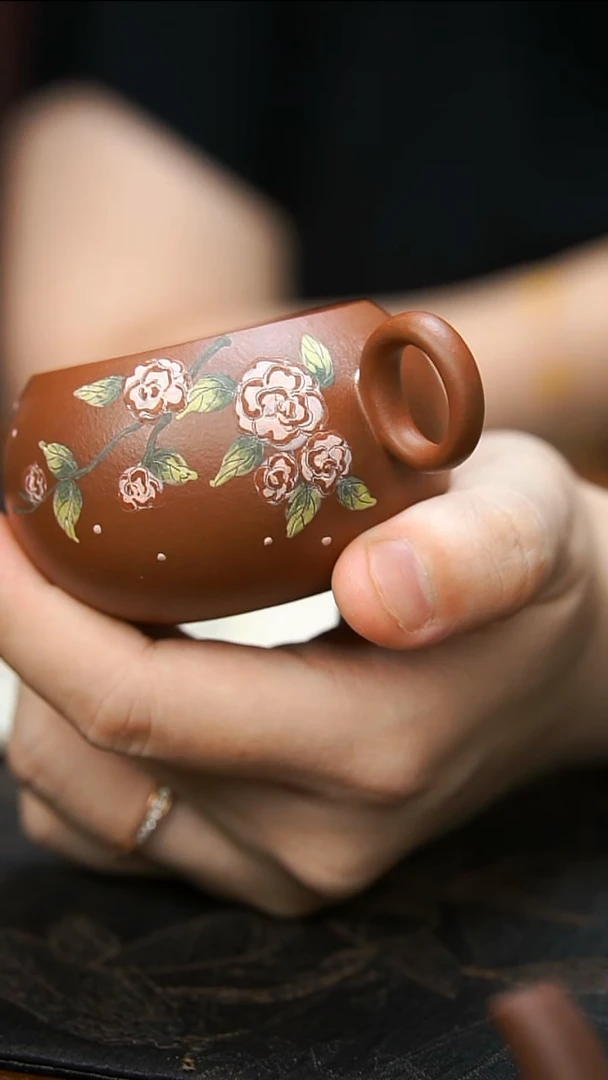 茶壶紫砂红皮龙玫瑰花手把杯