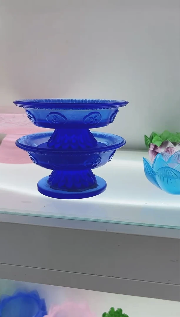 手工艺品琉璃凤***姐古法琉璃一对蓝色供盘