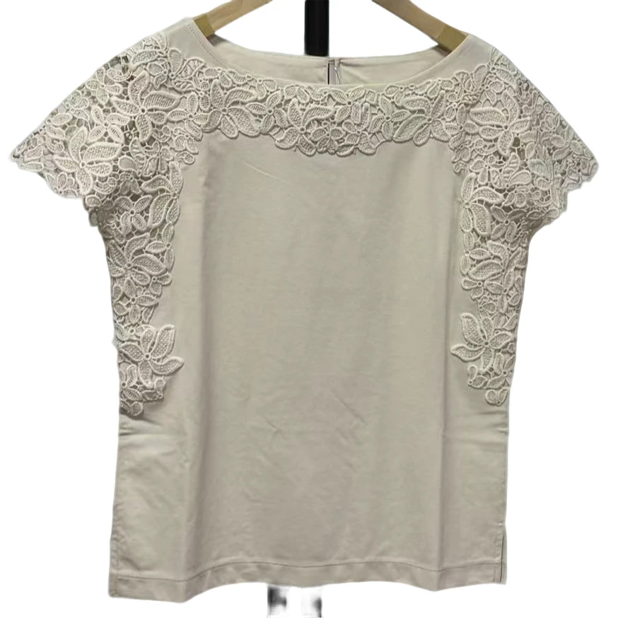 外贸原单女款米色蕾丝短袖256111117