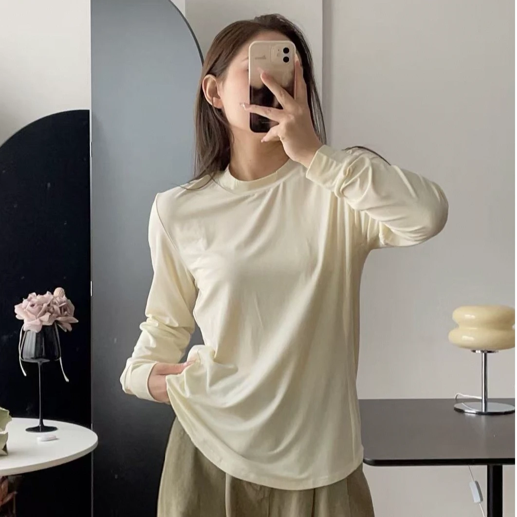 纸片人2577 长袖圆领不掉色常规款套装女运动T恤白色秋季常规