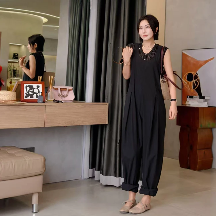 PENNYPENG马里奥夏季黑色纯棉舒适时尚百搭U领直筒洋气休闲连体裤