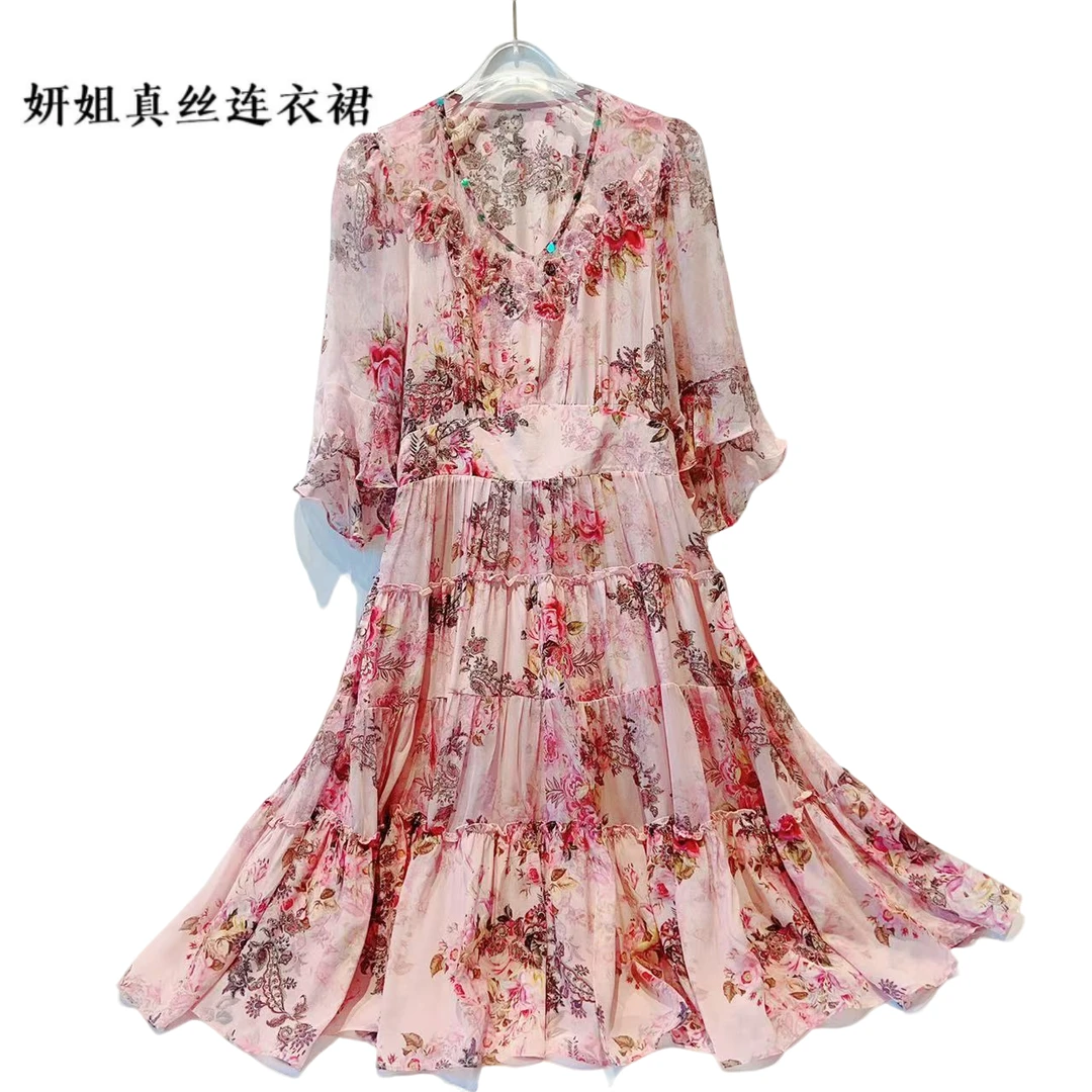 妍姐2025新款春夏显瘦气质轻奢时尚法式收腰长裙 黑/粉色 240158