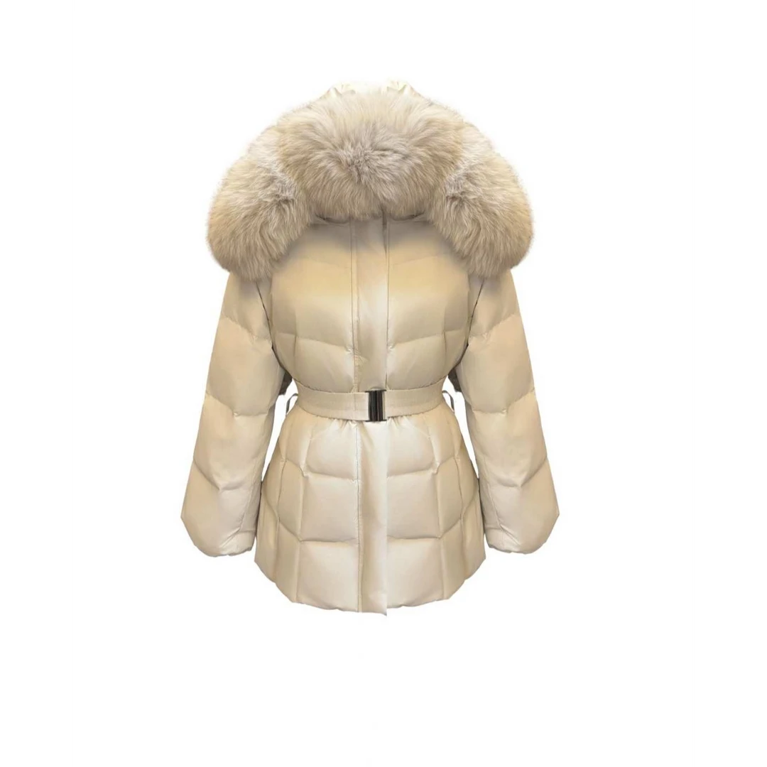 女装女款修身时尚大狐狸毛女式白鹅绒收腰冬季短款连帽羽绒服