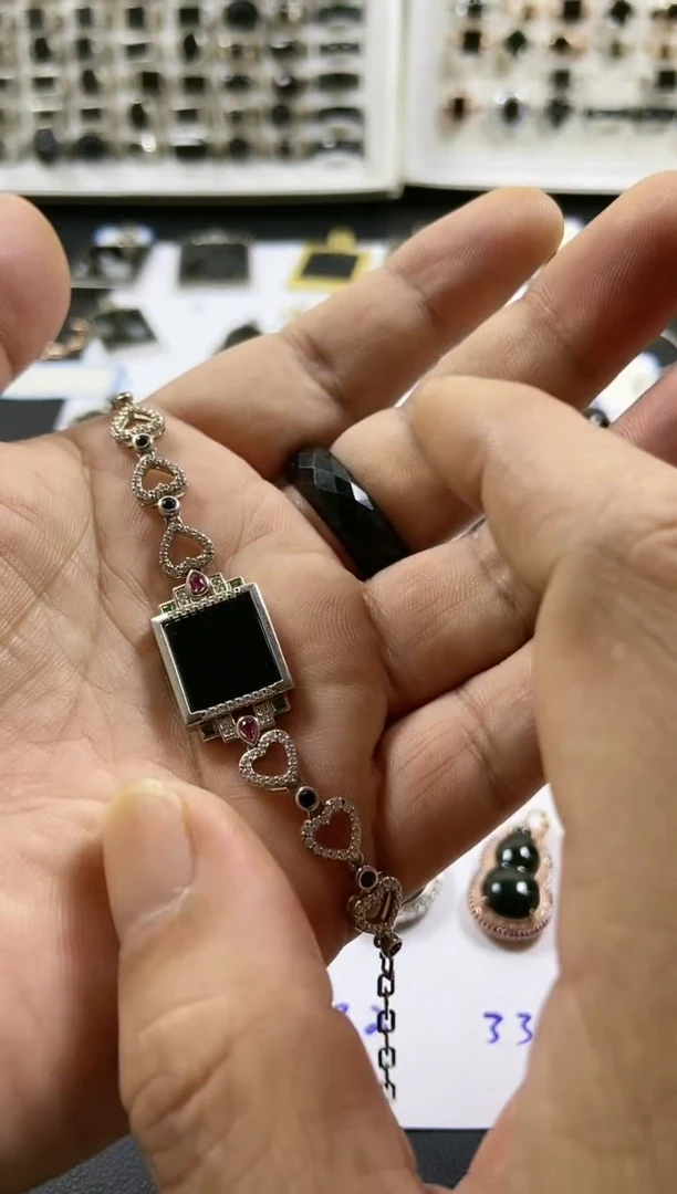 银S925镶嵌手链翡翠方形手链