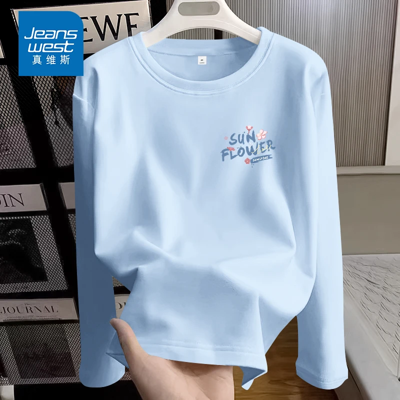 真维斯蓝色纯棉长袖t恤女秋季2025新款宽松上衣小个子单穿打底衫