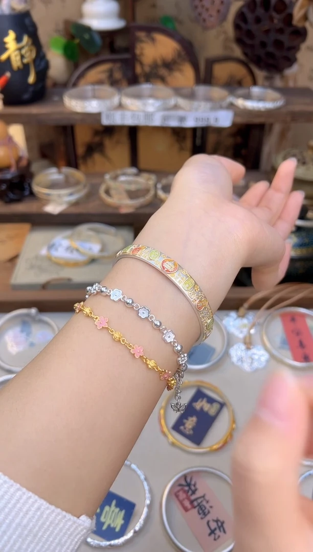 珐琅足银足银999.9描金珐琅彩吉言黄财神如意开口手镯