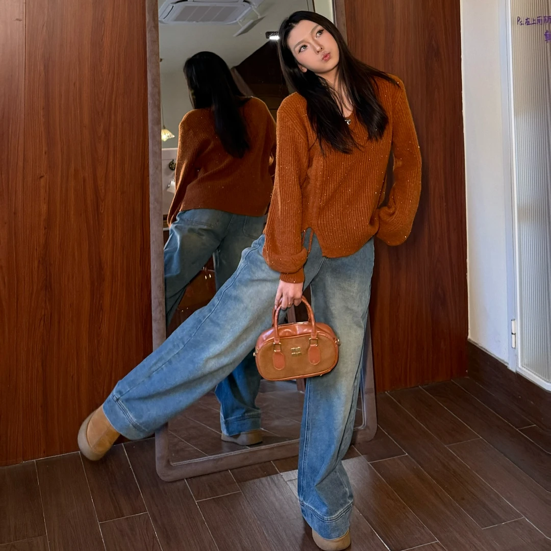 【七七专属】宽松型圆领女通勤风针织毛针织衫慵懒风开衫上衣25102