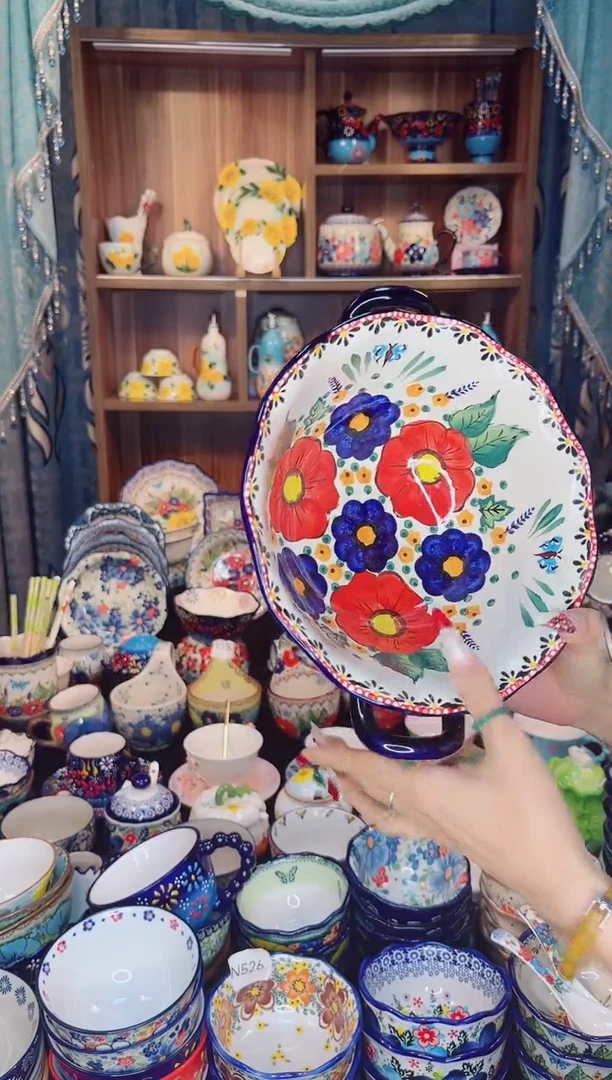 瓷双耳釉下彩汤盆