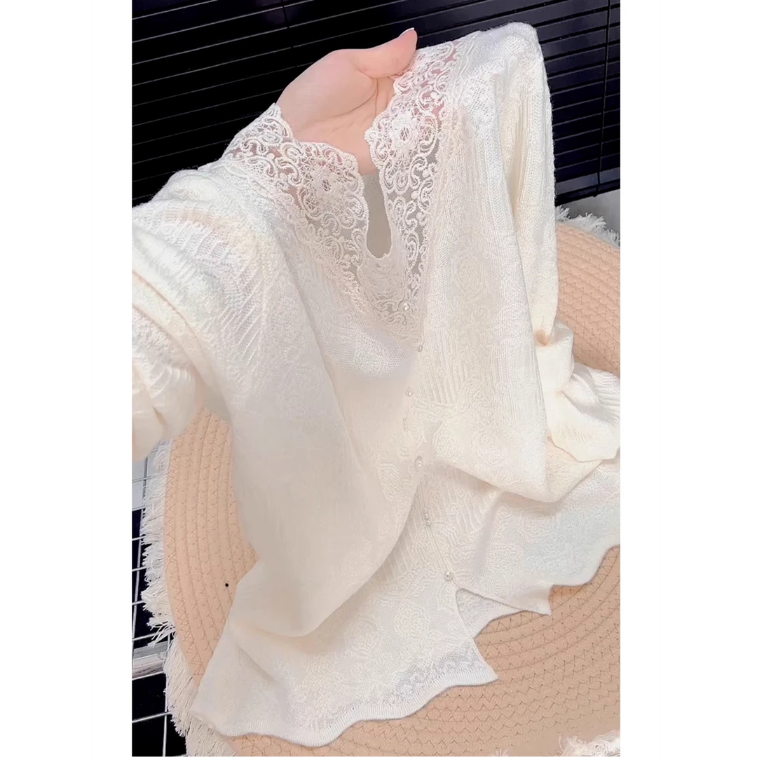 法式chic复古软糯温柔慵懒风奶fufu上衣高级感杏色蕾丝针织衫秋季