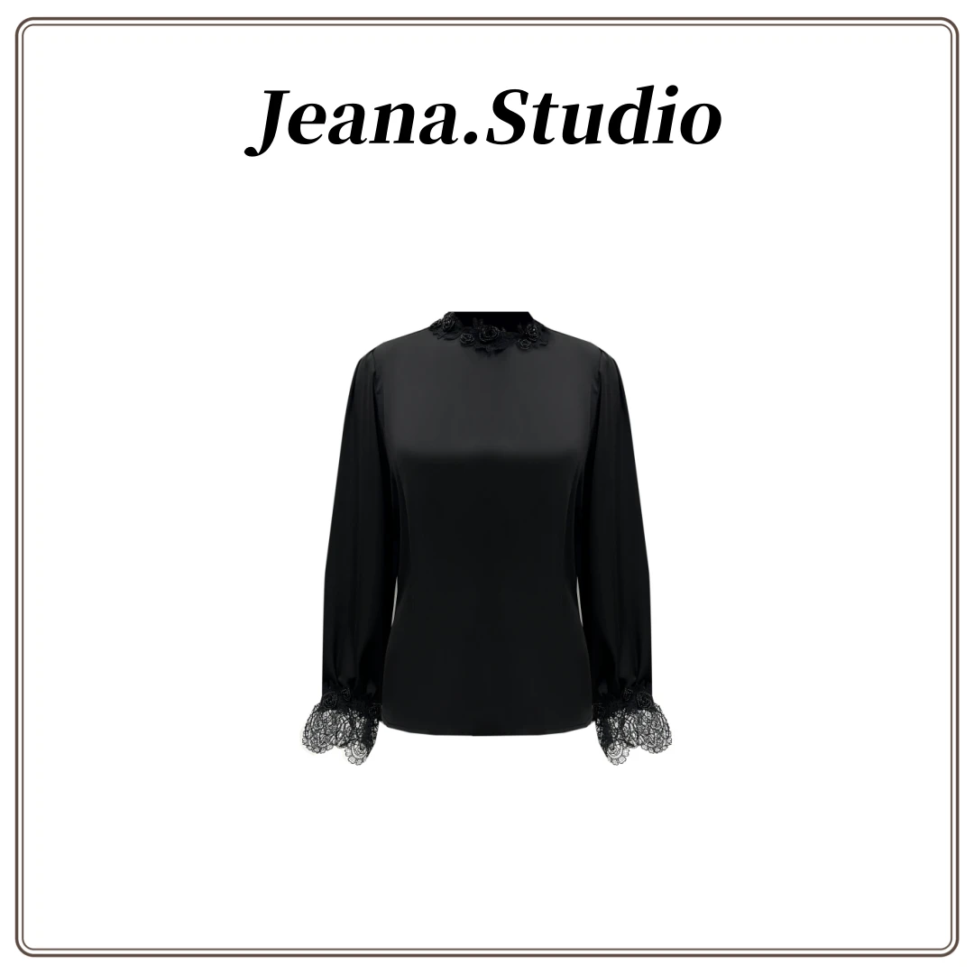 【Jeana.Studio】原创设计圆领滑面脖颈镶花双袖蕾丝衬衫