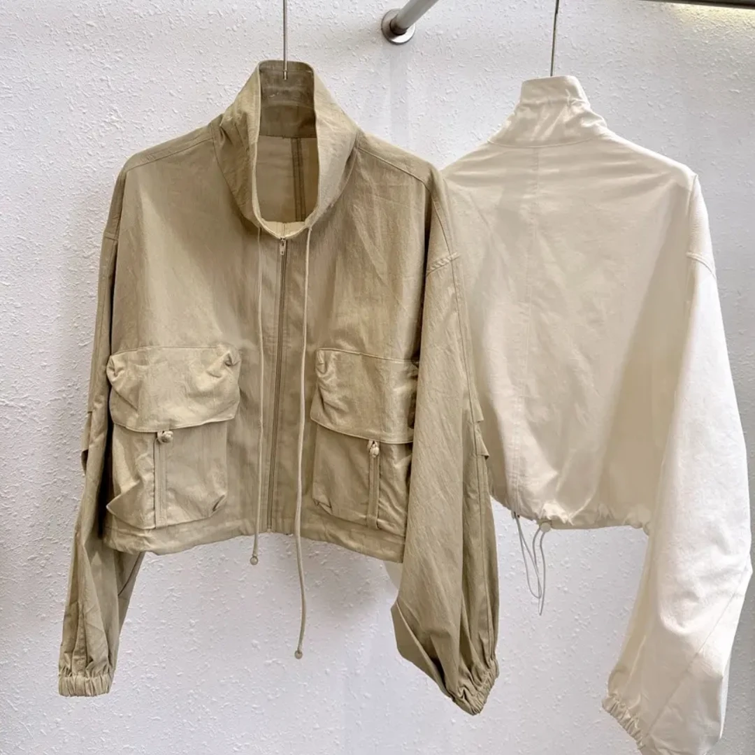 春季新款韩版运动休闲风短款抽绳拉链纯色外套女