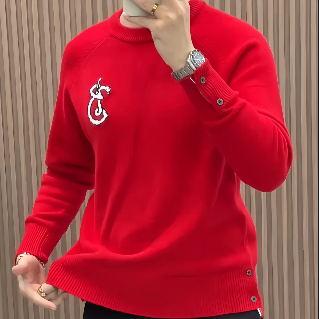 2025新款蛇形字母B男女同款纯色针织衫时尚潮牌红色毛衣圆领长袖