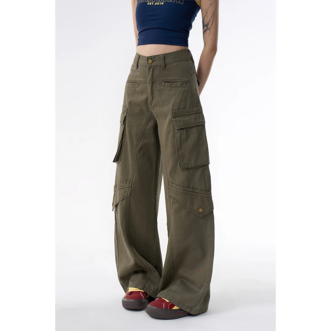 AGUA美式工装裤女春季2025新款潮牌军绿色宽松显瘦休闲阔腿直筒裤