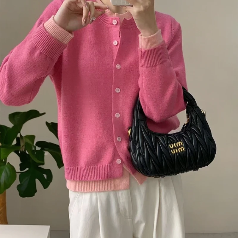 【芊荨精选】2024新款假两件百搭纯色圆领长袖开衫S311#