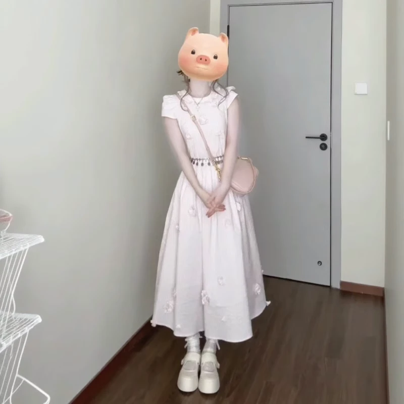 法式温柔气质粉色立体花朵短袖连衣裙超好看独特漂亮收腰a字长裙