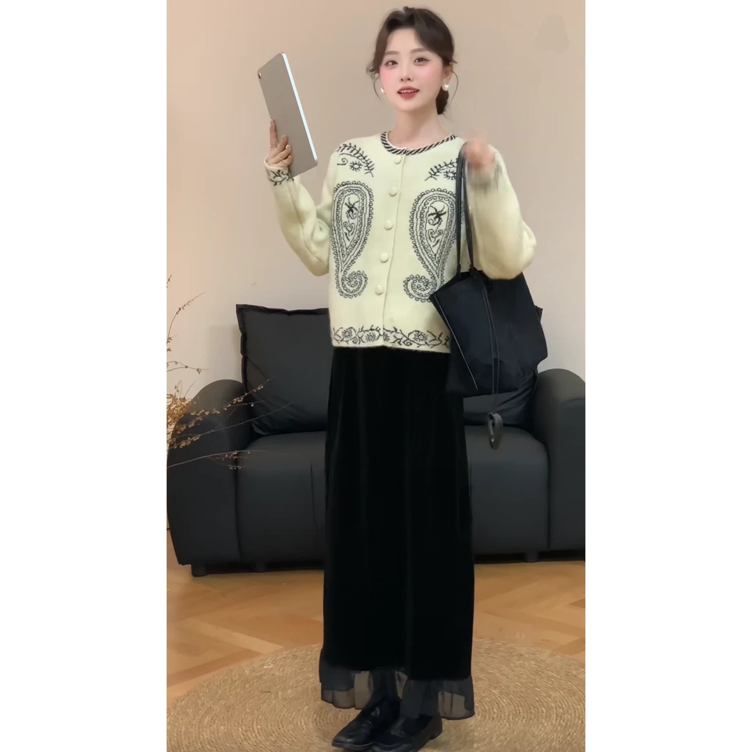 秋季洋气搭配一整套女装2025新款复古针织开衫网纱半身裙两件套