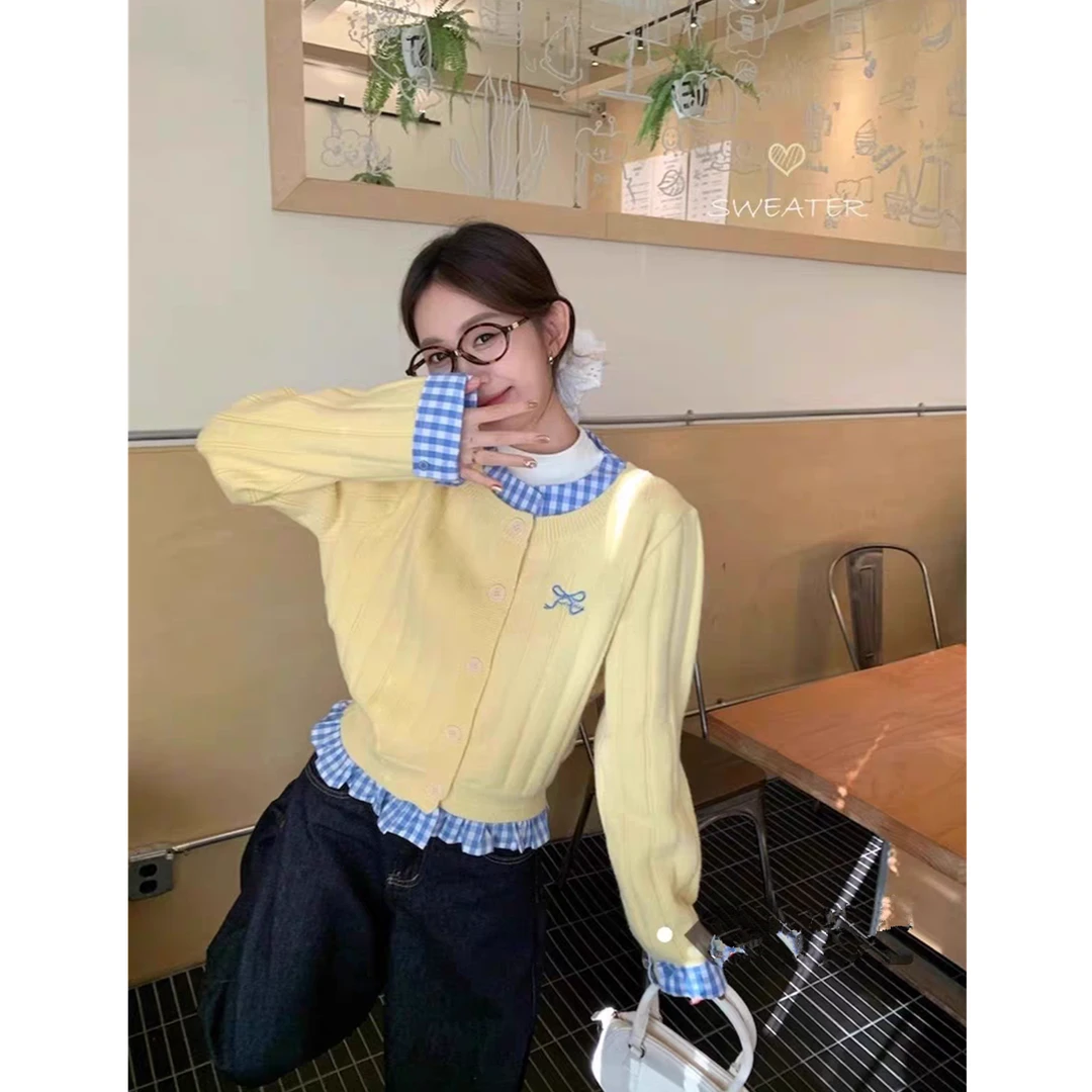 小众设计感撞色格子针织开衫女秋装假两件蝴蝶结刺绣宽松毛衣外套