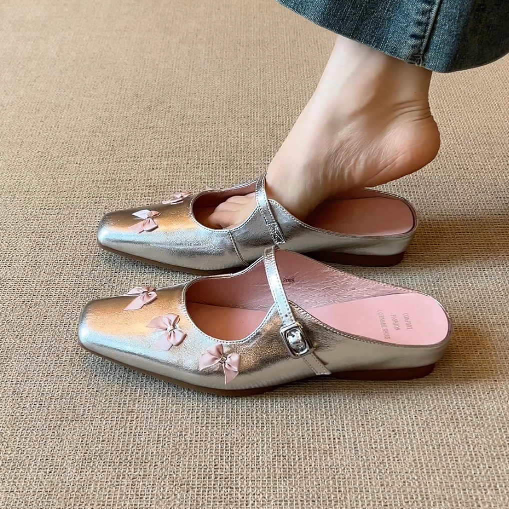 RubyL/3.5cm夏季新款甜美少女风蝴蝶结舒适百搭拼色坡跟包头拖