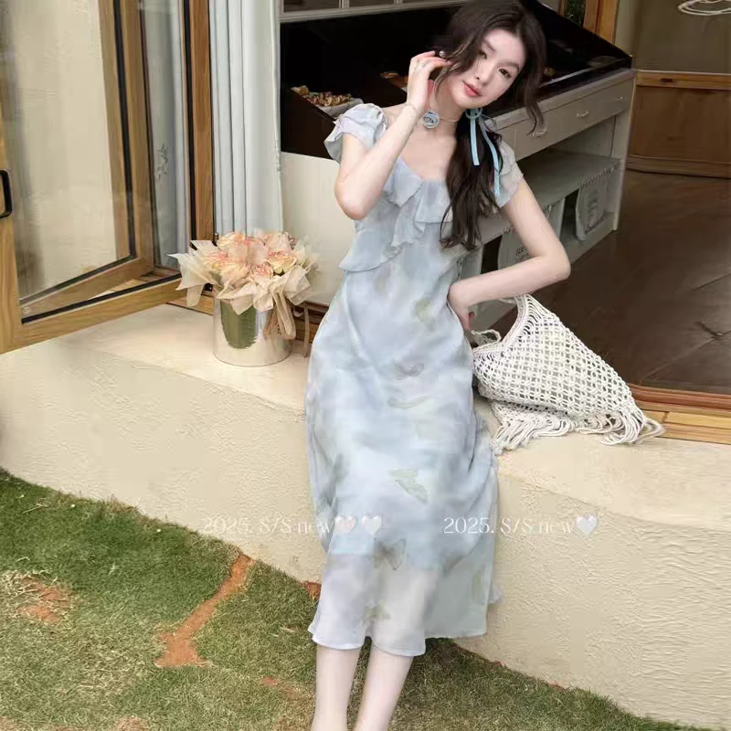 法式温柔风荷叶边印花连衣裙夏季设计感小众气质修身长裙