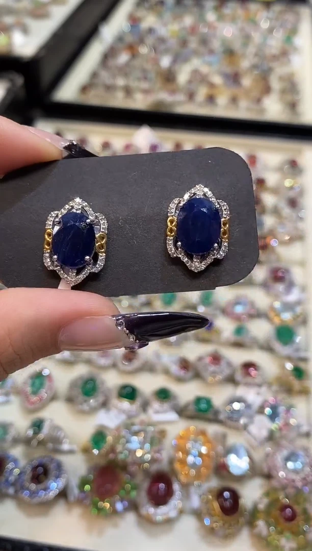 银S925镶嵌耳饰定制蓝宝石楚楚珠宝中古甄选不退换