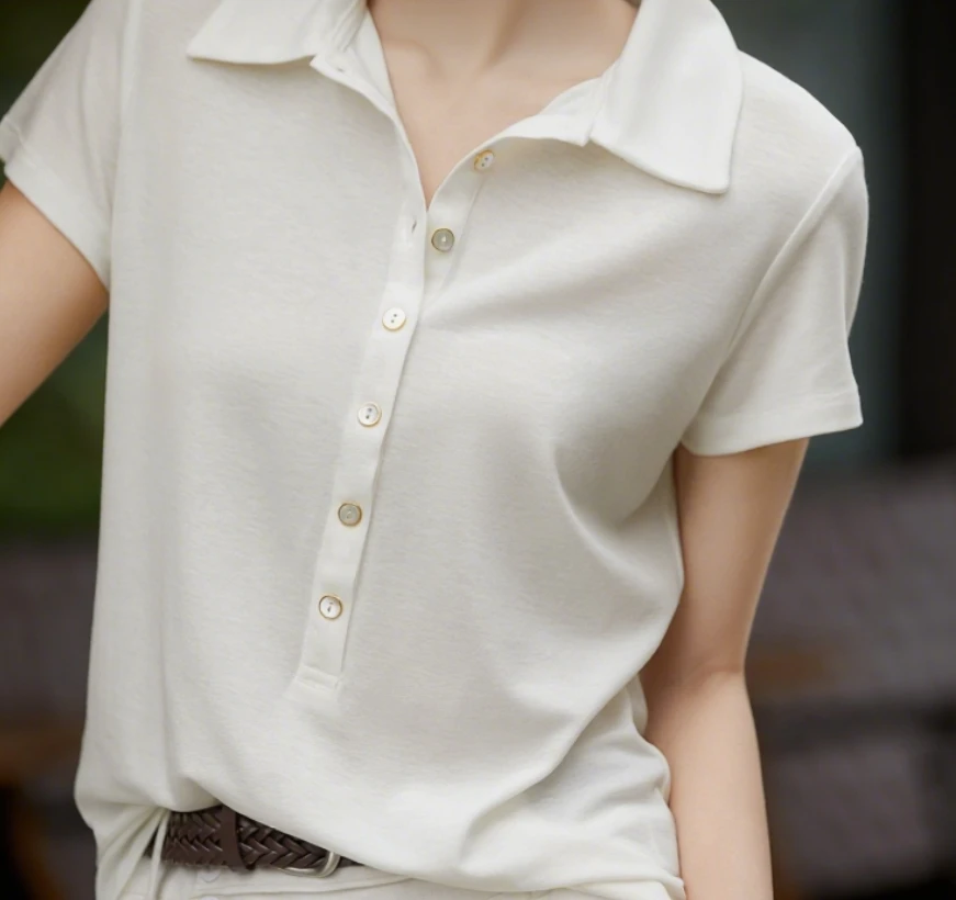 桑蚕丝排扣正肩POLO衫女2025休闲短袖正肩夏季新款时尚修身翻领T