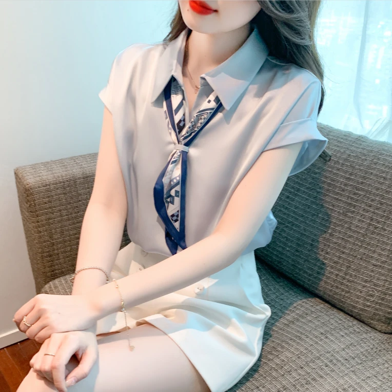 系带小衫女2025年夏季新款短袖减龄衬衣上衣优雅百搭气质雪纺衫