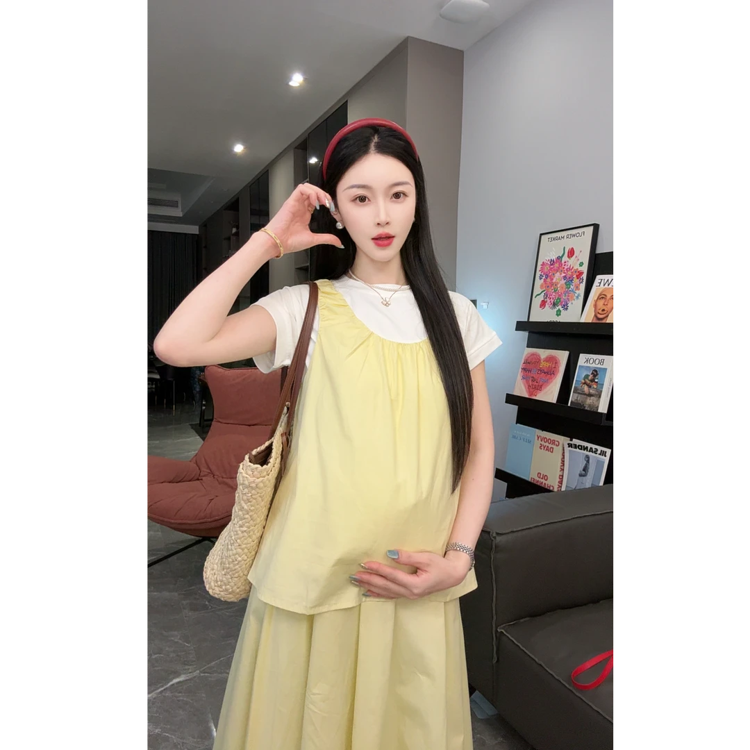 孕妇装夏季时尚休闲套装2025新款潮款T恤背心半身裙三件套女夏装