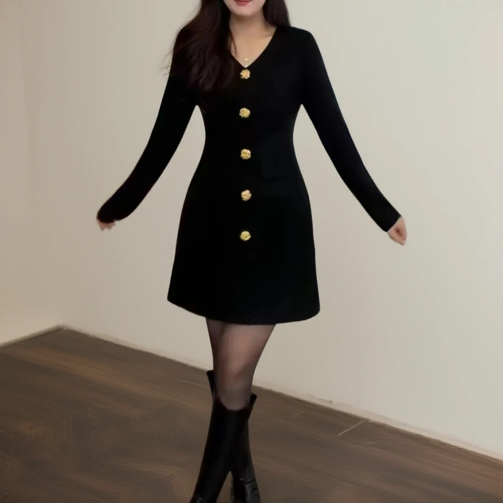 2025冬季新款【加绒】气质简约V领收腰百搭连衣裙908