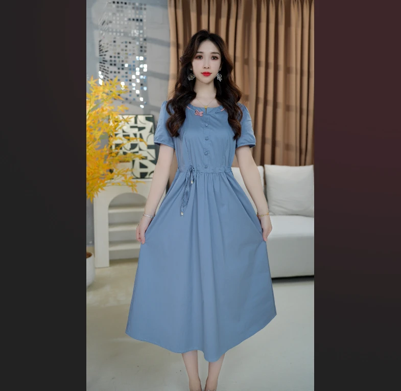 温柔小众连衣裙时尚显瘦裙子轻熟风V领气质短袖夏季穿 C015