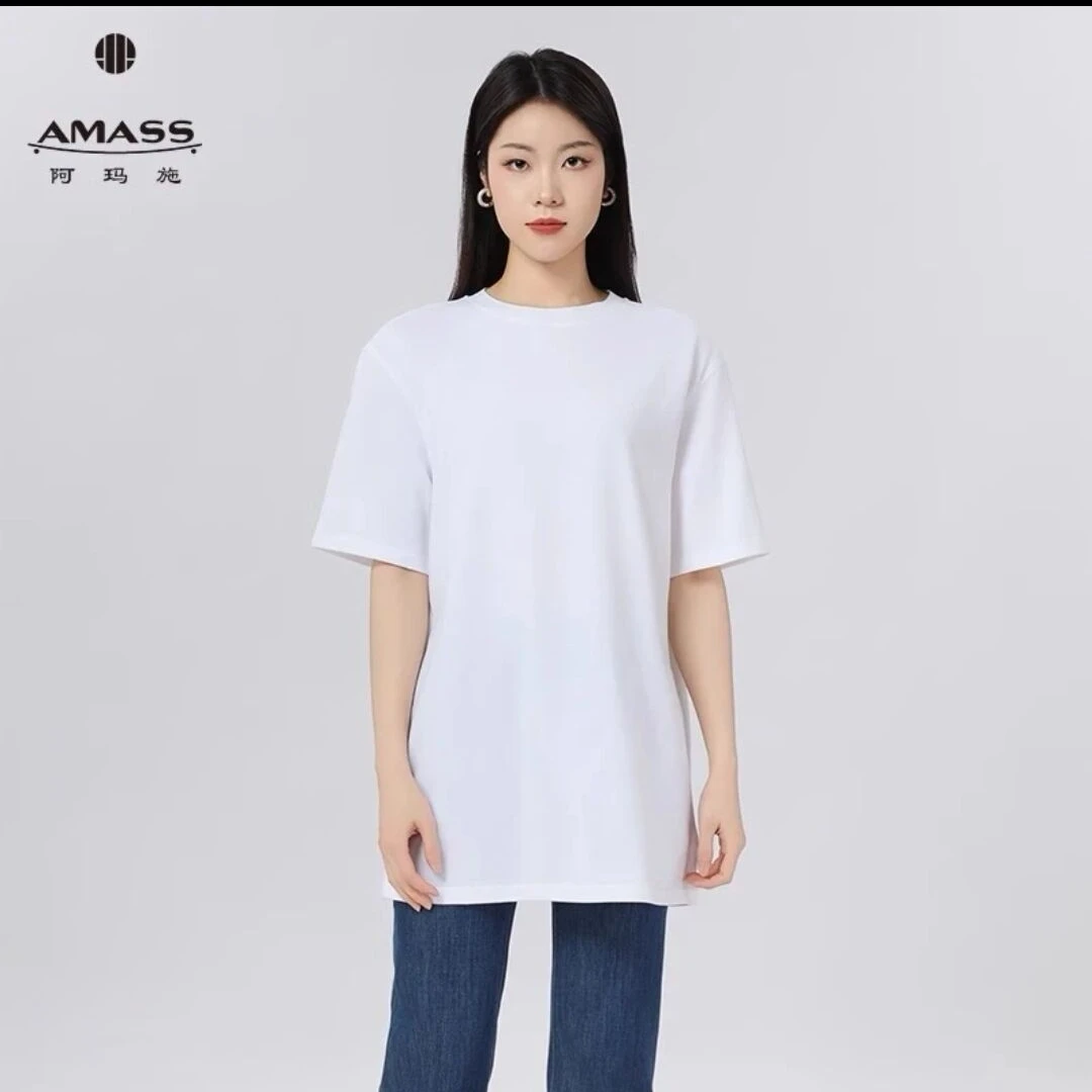 AMASS/阿玛施新款时尚气质百搭休闲纯色圆领短袖白色t恤530136