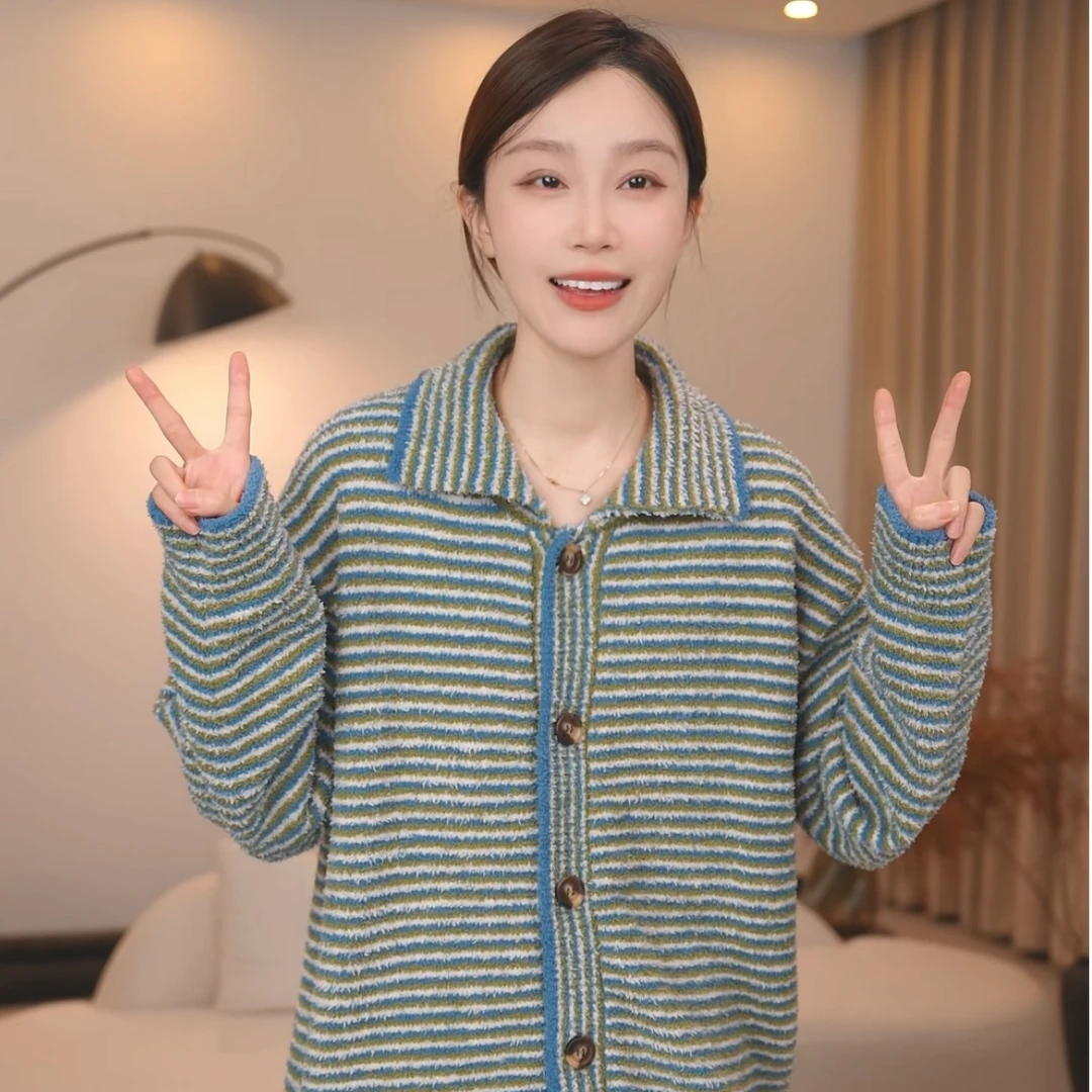 板栗小姐【暖惜条纹】2025冬季长袖甜美风软绵绵睡衣女套装可外穿