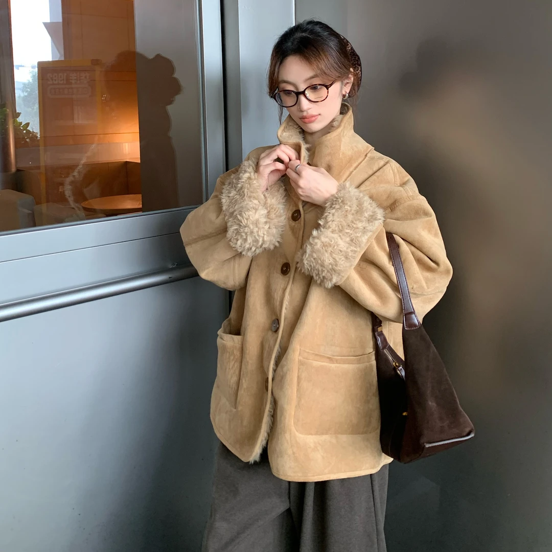 复古冬季新款两穿羊羔毛宽松加厚保暖休闲毛毛外套女秋冬