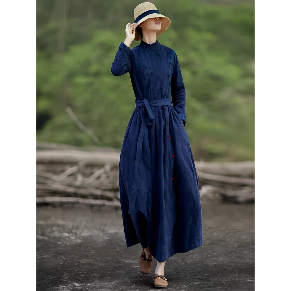 高端亚麻提花立领旗袍连衣裙女2025秋冬新款宽松显瘦气质复古长裙