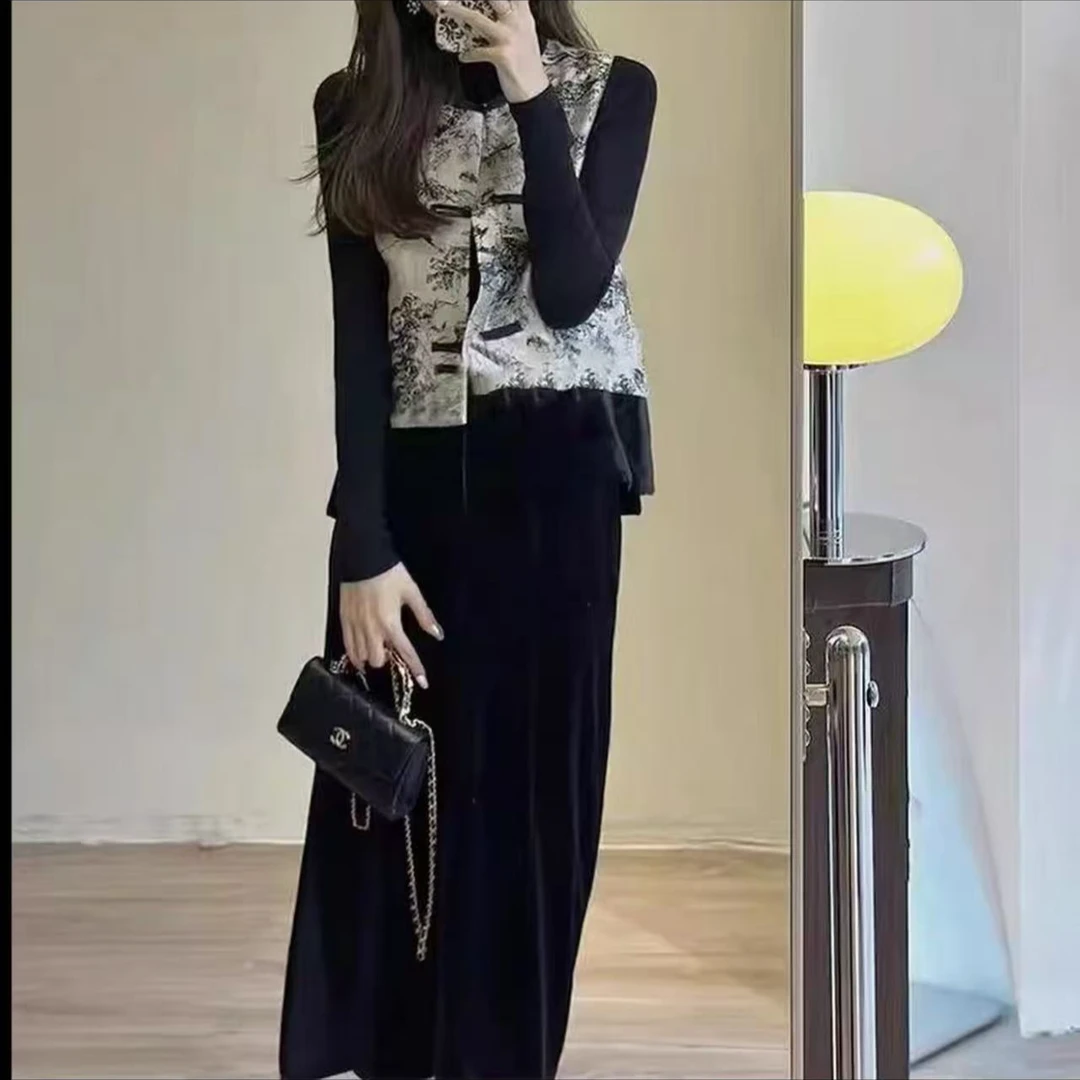 韩版秋冬复古法式晕染盘扣加棉马甲叠穿打底丝绒半身裙三件套
