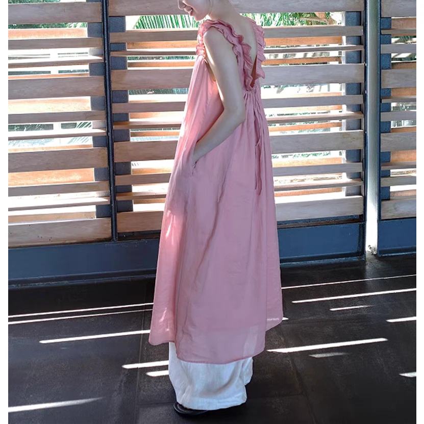 粉色苎麻后背抽绳式露背连衣裙女夏设计感荷叶边减龄宽松中长款裙