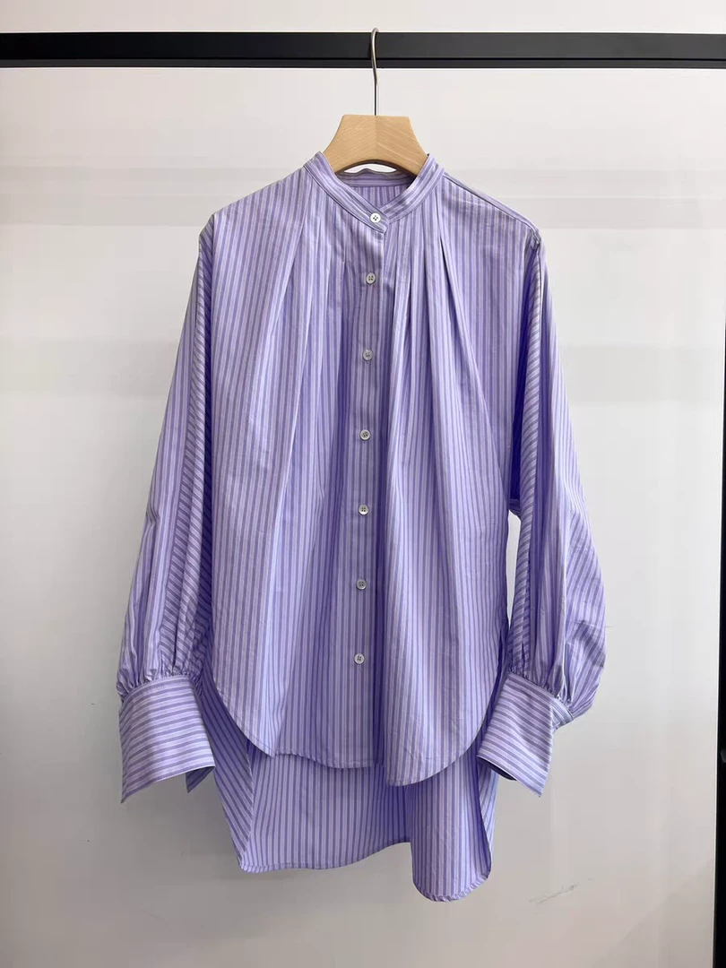 气质通勤小立领打底衫女纯色系全棉简约宽松长袖衬衫女2025年春