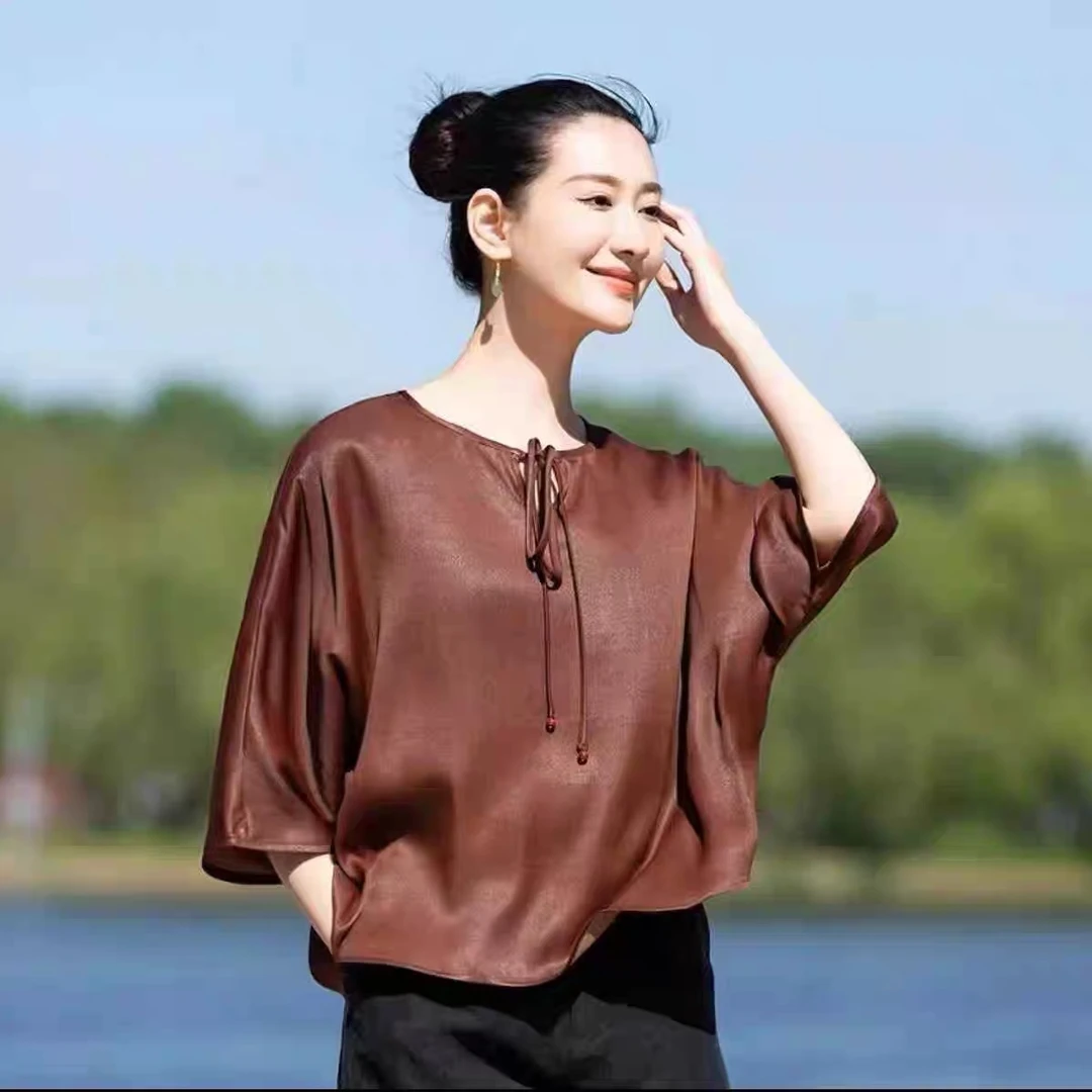 【丹墨】新中式缎面中袖衬衫2025新款国风复古小衫时尚宽松显瘦上衣
