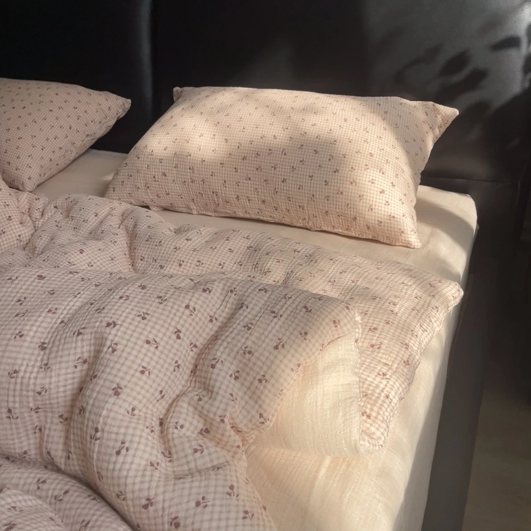 母婴级全棉双层皱皱纱四件套小清新格子小花被套柔软裸睡纯棉床品