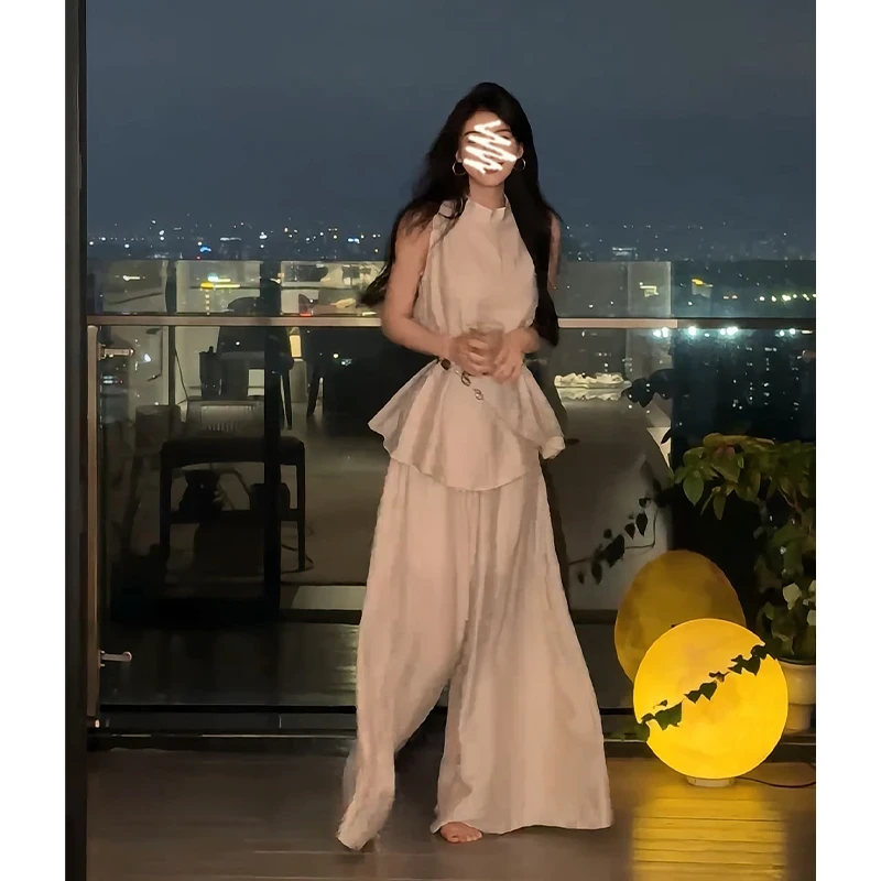 法式高级感收腰圆领无袖上衣女夏季新款百搭高腰显瘦阔腿长裤套装