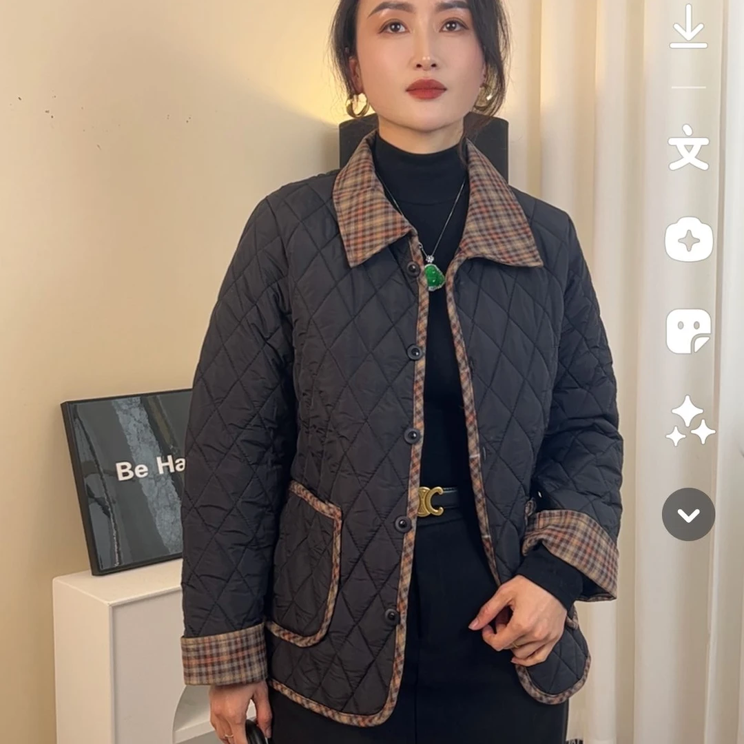 欧若风时尚新款百搭洋气格子翻领夹棉短外套