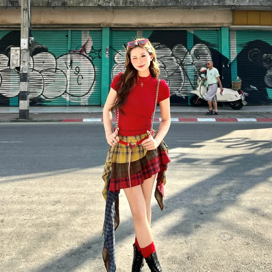 街头辣妹风套装裙设计感小众2025夏季新款百搭格子半身裙两件套女