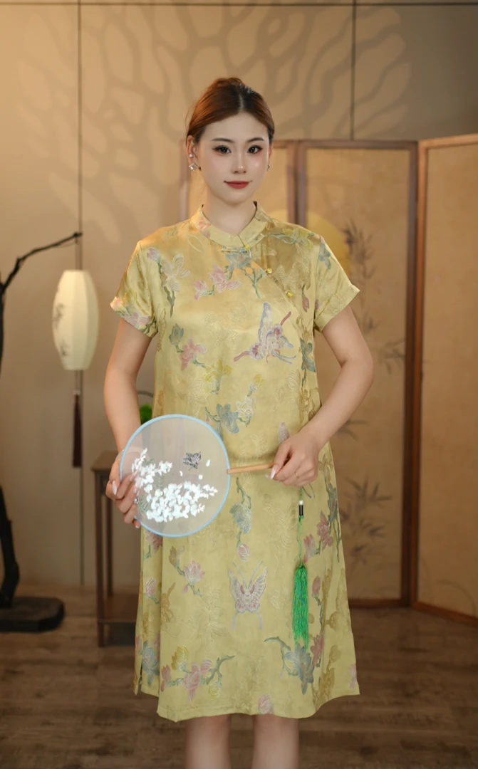 【蝶语金绸】夏季新中式改良旗袍连衣裙 高定盘扣国风气质长裙子219