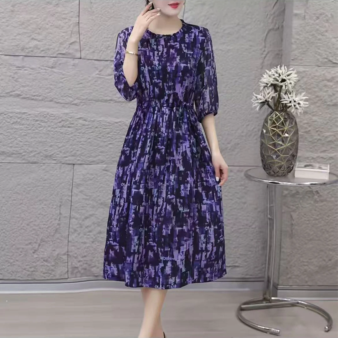 M1748女时尚中袖连衣裙气质夏季休闲百搭中长款裙子