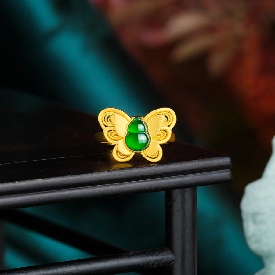 ZOCAI/佐卡伊古法黄金足金庄生晓梦蝴蝶葫芦戒指W08724