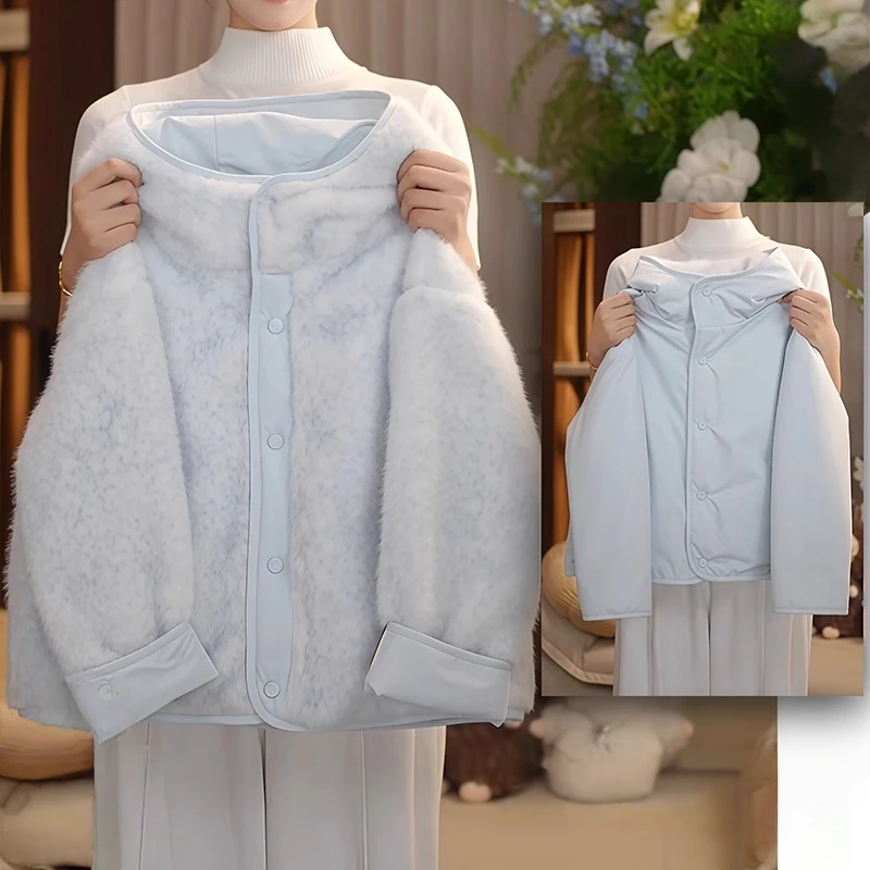 女童两面穿毛毛衣外套2025新款秋冬加厚羊羔毛连帽保暖棉服冲锋衣