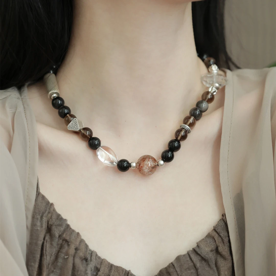 链子925银 N18031 大头姐 黑金超圆珠螺旋纹圆柱吊坠项链