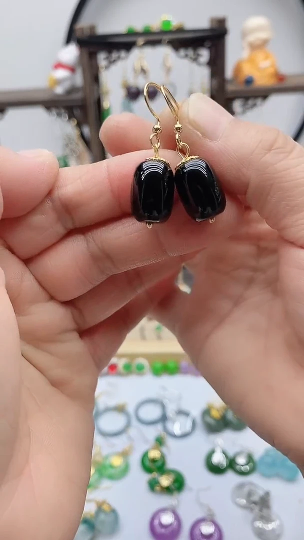 14K金镶嵌黑曜岩耳饰12