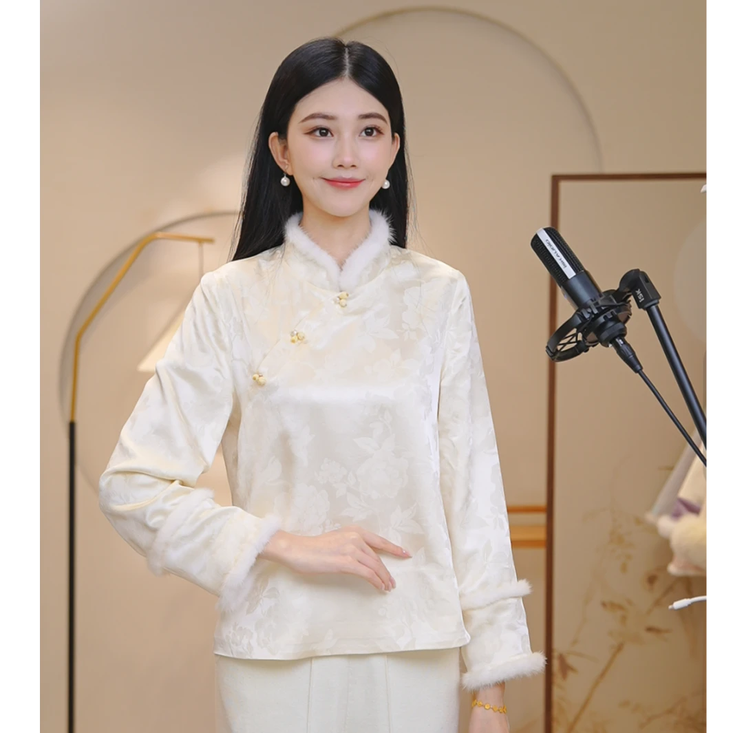 山有色设计师冬款内搭气质常规款冠乐绉上衣斜襟时尚提花6738